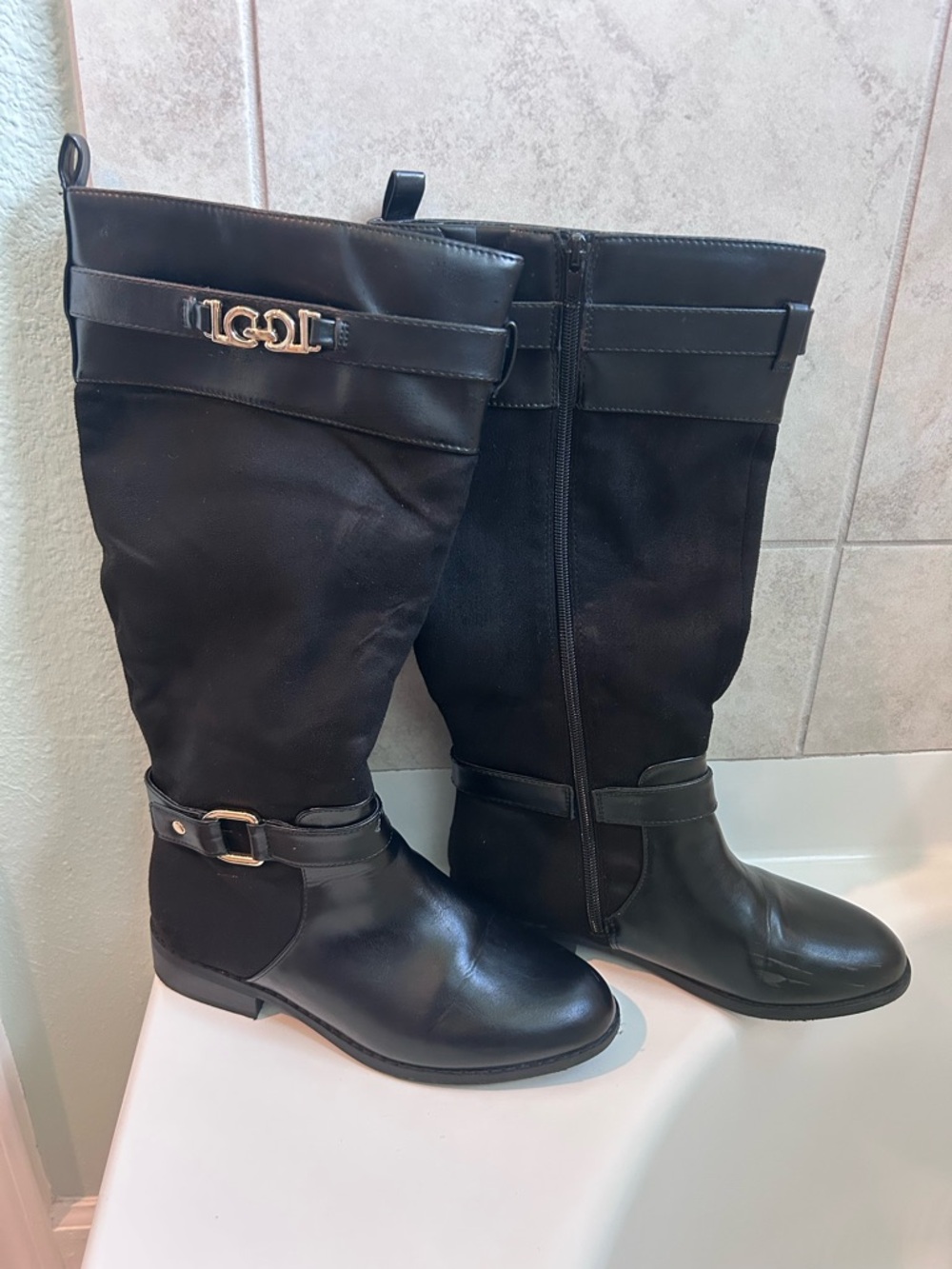 Women’s Black Wide Calf Boots with Branded Buckle